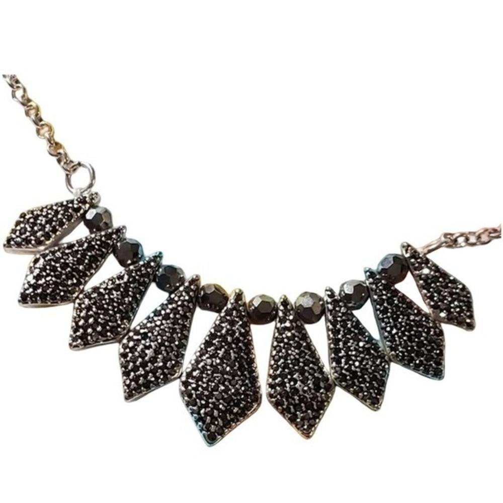 Lucky Brand Silver Tone Hematite Pave Geometric Diamond Fan‎ Statement Necklace